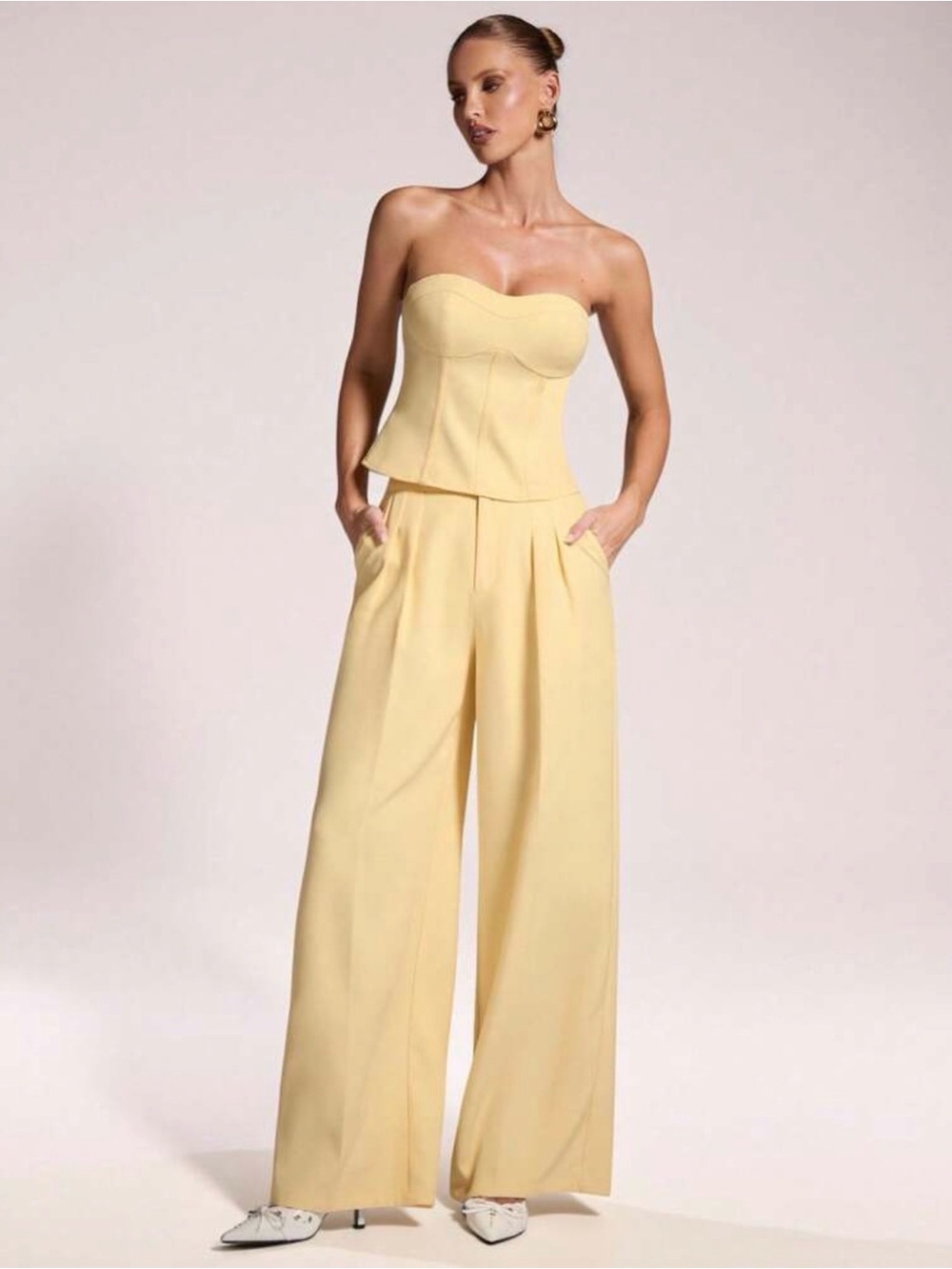 Strapless Peplum Top & Wide-Leg Pants Jumpsuit in Pale Yellow
